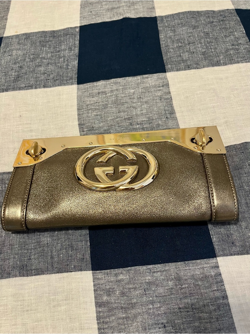 Gucci Metallic Bronze Leather GG Logo Clutch with Gold Hardware